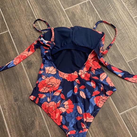 Navy and Coral Floral Convertible Strapless One Piece Swim suit - Picture 11 of 12